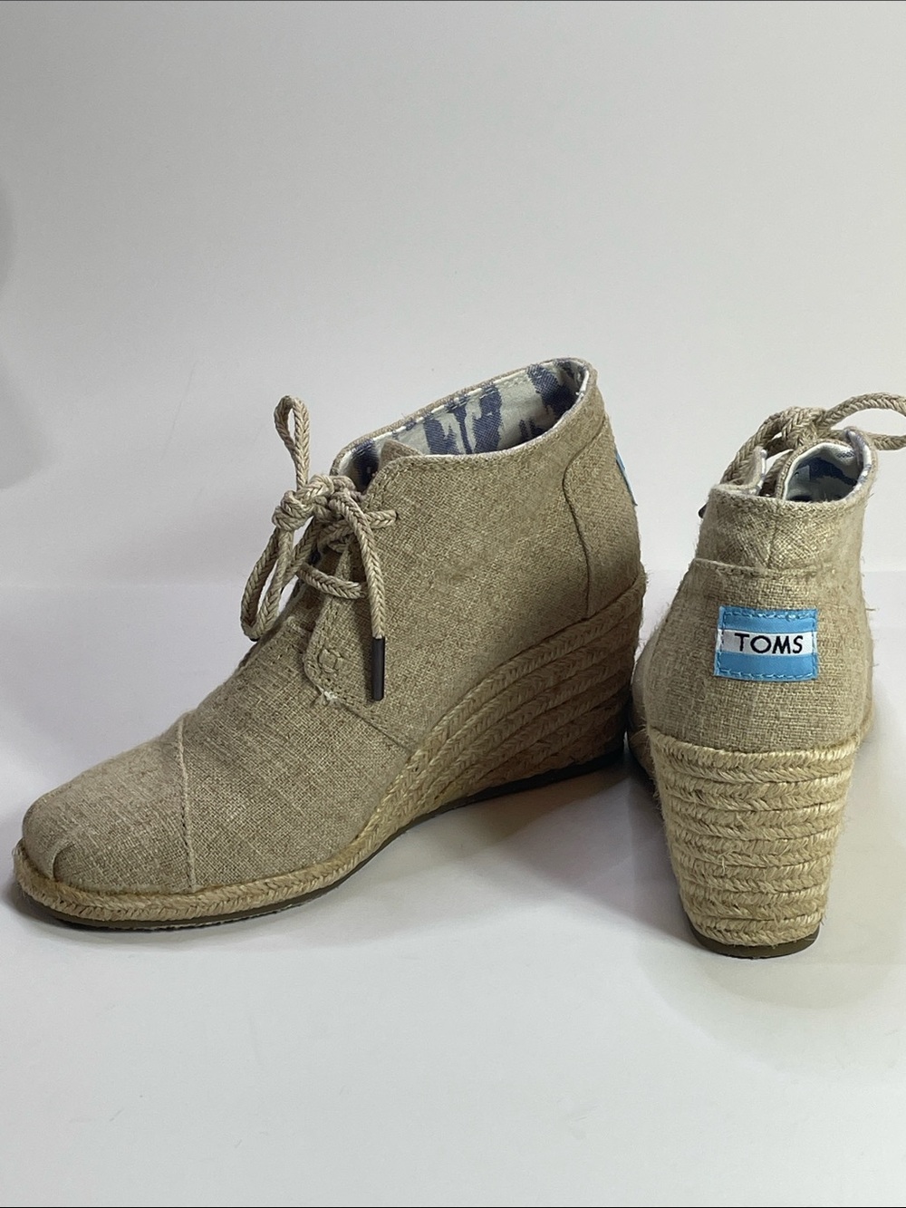 TOMS Beige/Tan Wedge Espadrille Lace-Up Booties Size W6